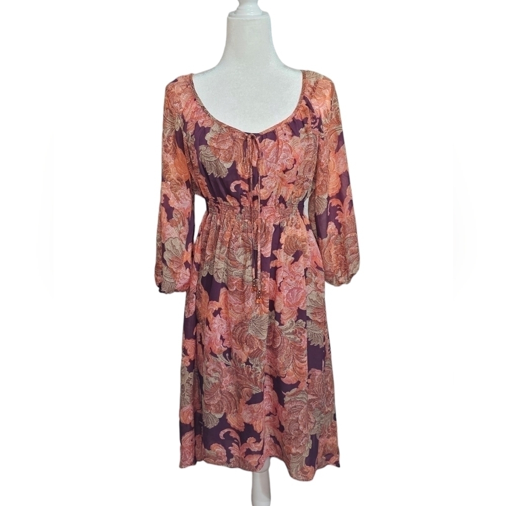 Boston Proper Boho High Low Purple Multicolor Ballon 3/4 Sleeve Dress w/ Slip